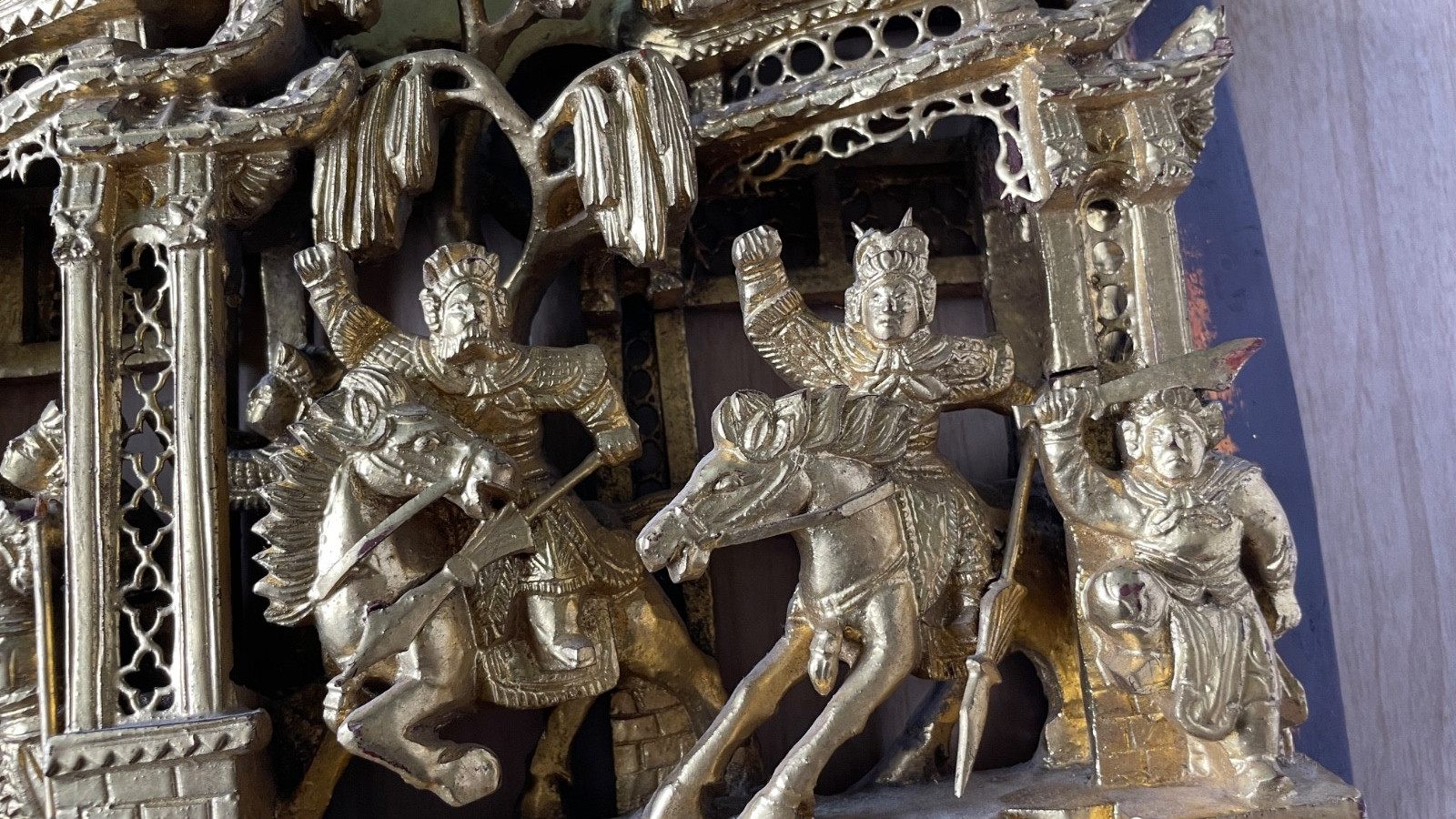 Chinese Gold Gilt Wood Carved Relief Panel Temple Boat Warriors Horses 27×9