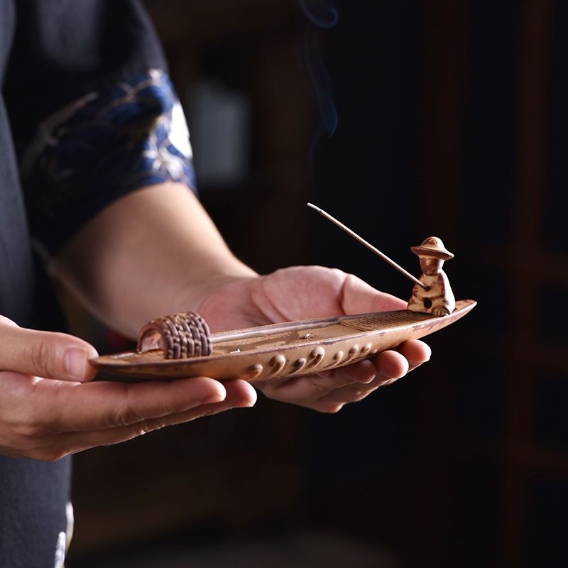 Chinese Leaf Boat Incense Holder Ceramic Stick Base Home Office Ornament Gift