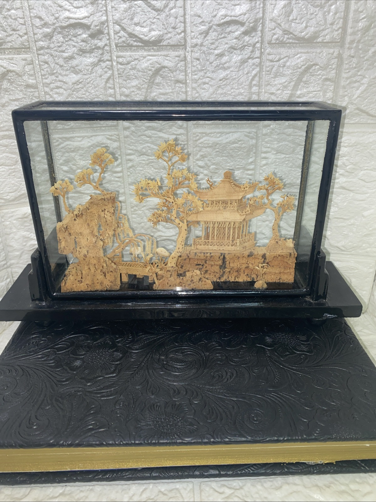 Vintage Chinese SanYou Diorama Handmade Cork Carvings Of Cranes Pagoda & Trees