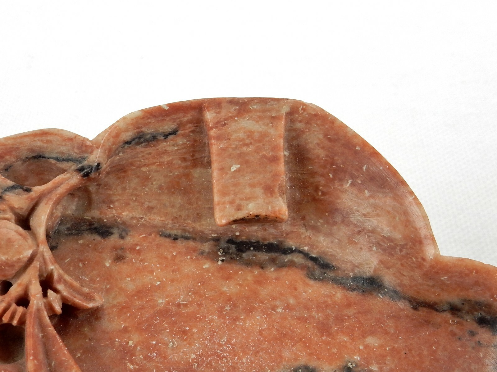 Vintage Carved Soap Stone Ashtray, Brown w/Black Highlights, Floral Design