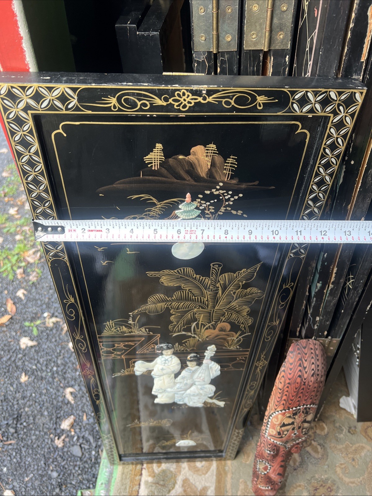 Chinese hanging screen inlaid with mother-of-pearl figures and stories 36”HX12”W
