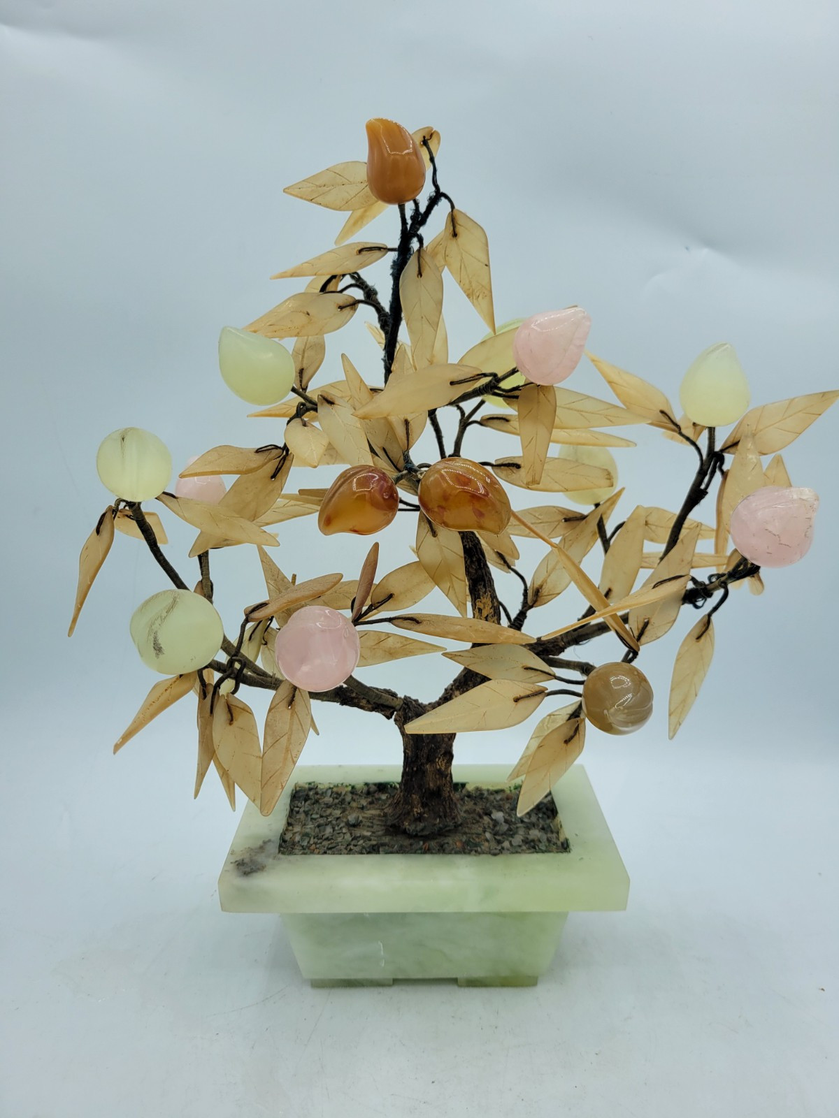 Antique Japanese Jade & Agate Stone Glass? Peach Bonsai Tree 10″ x 10″