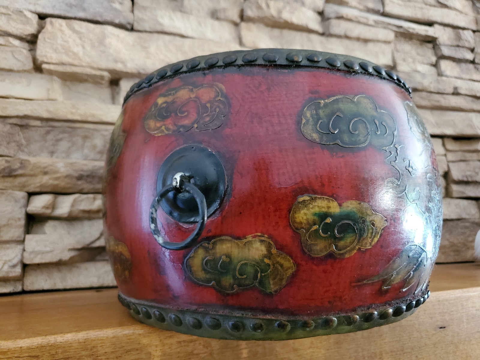 Vintage Double Sided Chinese Leather Drum Dragon Hand Painted 10″OA