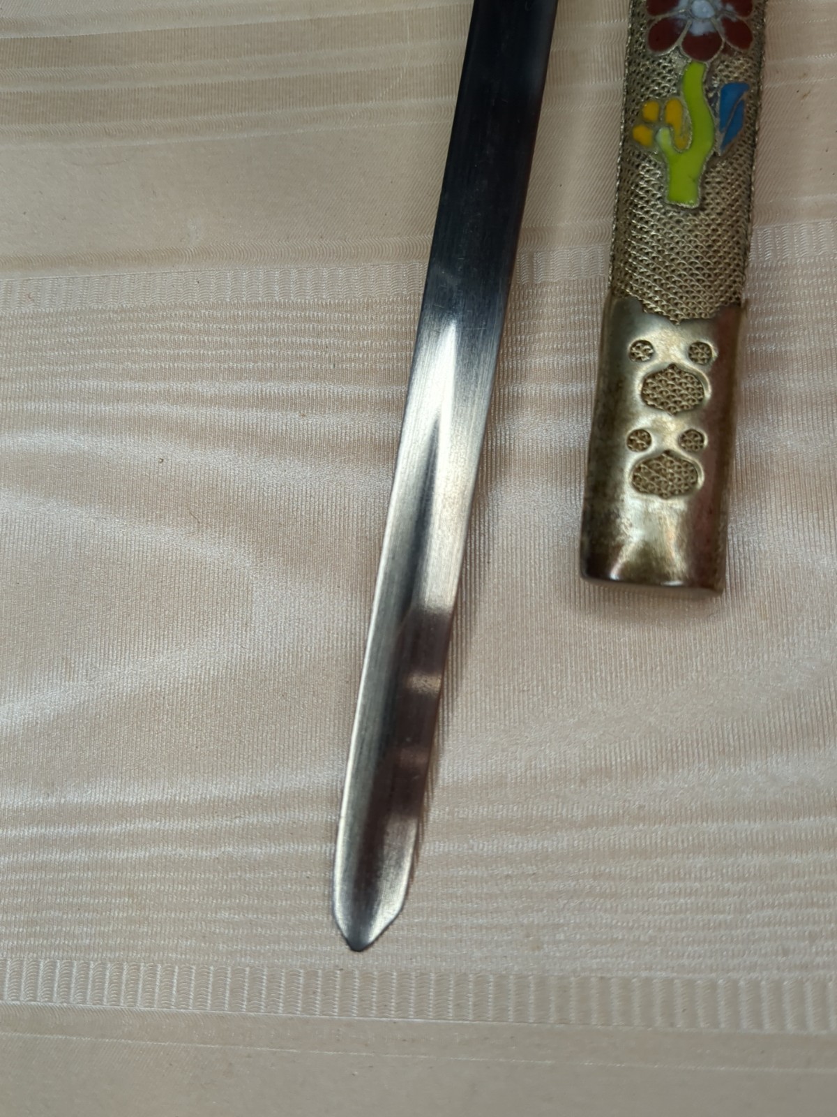 Vintage Chinese Cloisonne Letter Opener Dagger In Brocade Gift Box