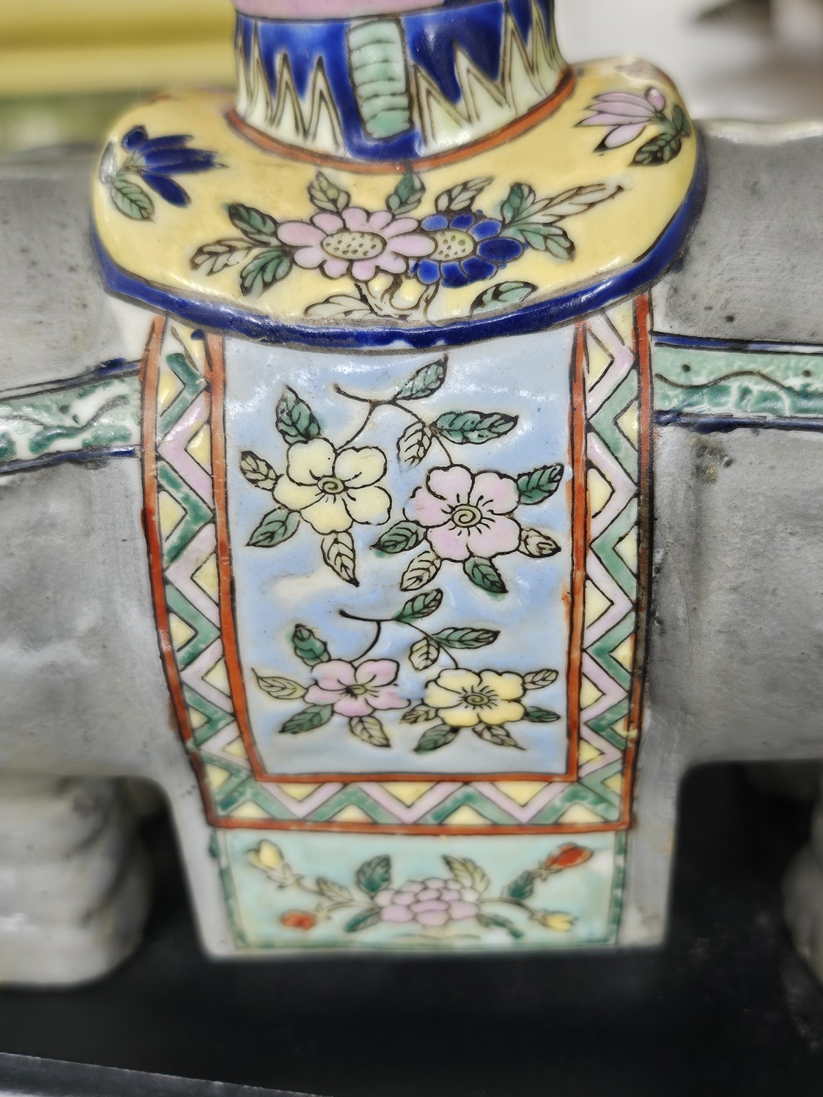 Vintage CHINESE ENAMELED PORCELAIN ELEPHANT WITH A ZUN VASE Turned Lamp
