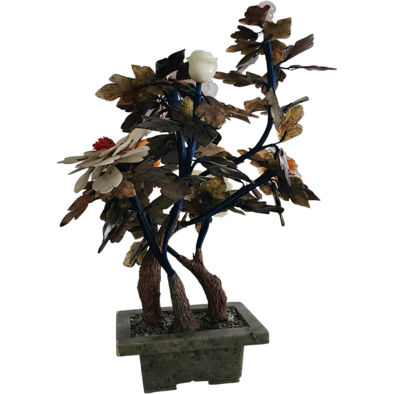 18″ Chinese Jade and Quartz Bonsai Glass Tree in Celadon Pot