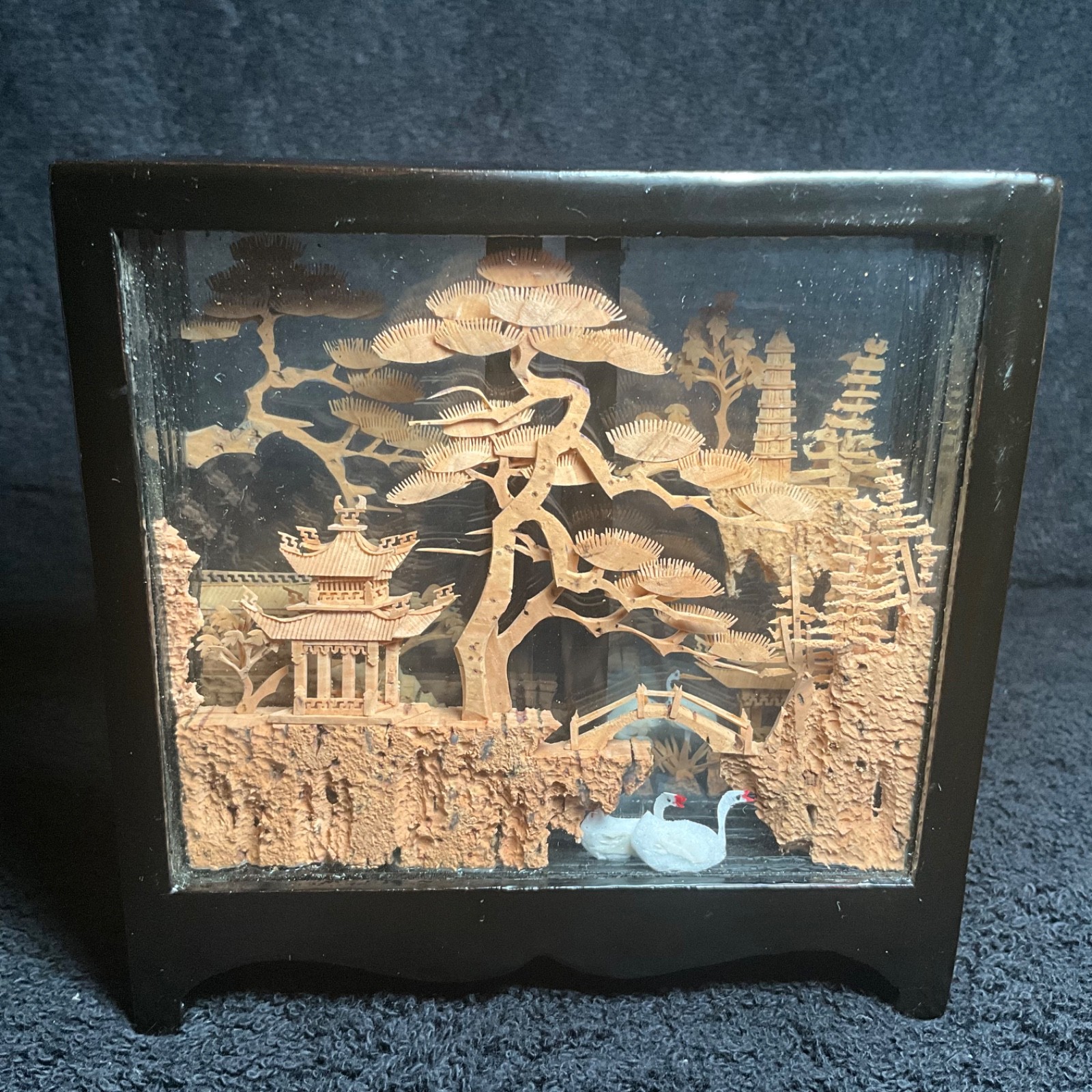 2x-VTG SAN YOU Tri-Fold Oriental Hand Carved Cork Pagoda Diorama w Cranes