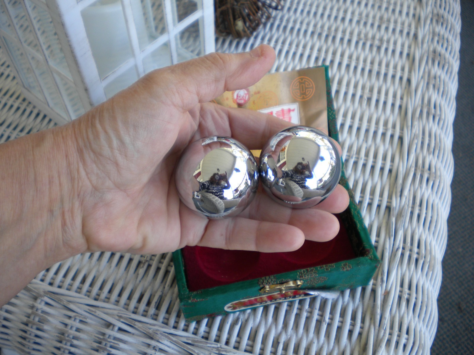 Vintage 1985 Shou Xing Brand Baoding Iron Ball Set Made in China in case holder