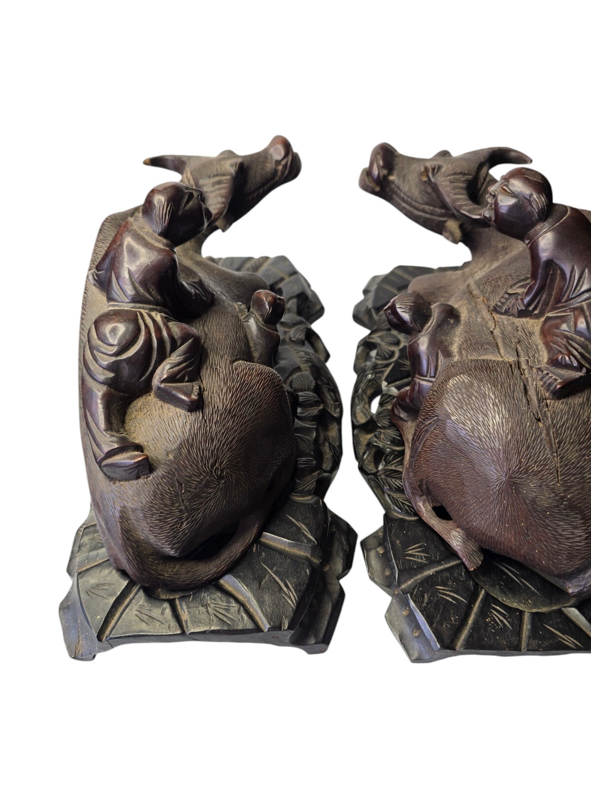 ASIAN Wooden Sculpture OX & Figures With Original Wood Display STAND