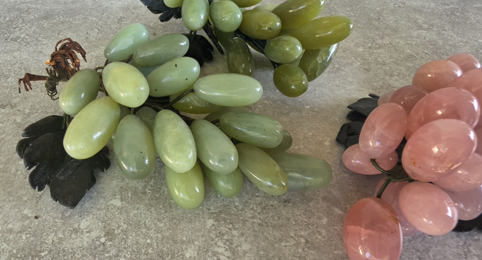 Lot 3 Vtg Green Jade Pink Quartz Chinese Stone Grape Leaf Clusters Carved Leaves