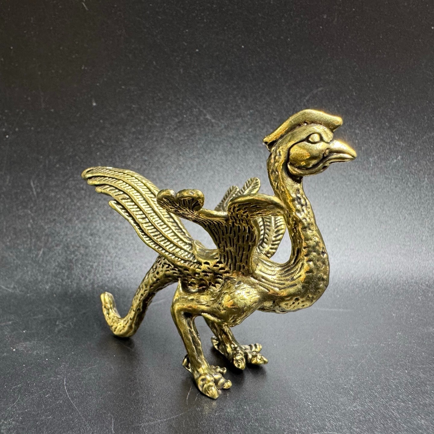 Vintage Solid Brass Phoenix Mini Figurine Chinese Feng Shui Auspicious Bird Desk