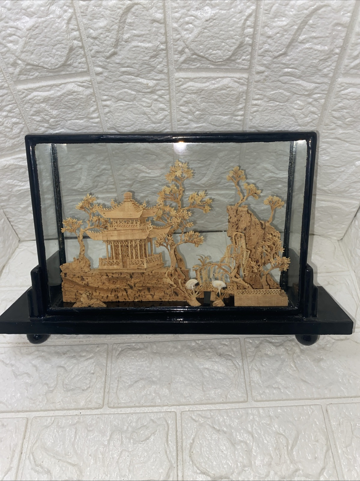Vintage Chinese SanYou Diorama Handmade Cork Carvings Of Cranes Pagoda & Trees