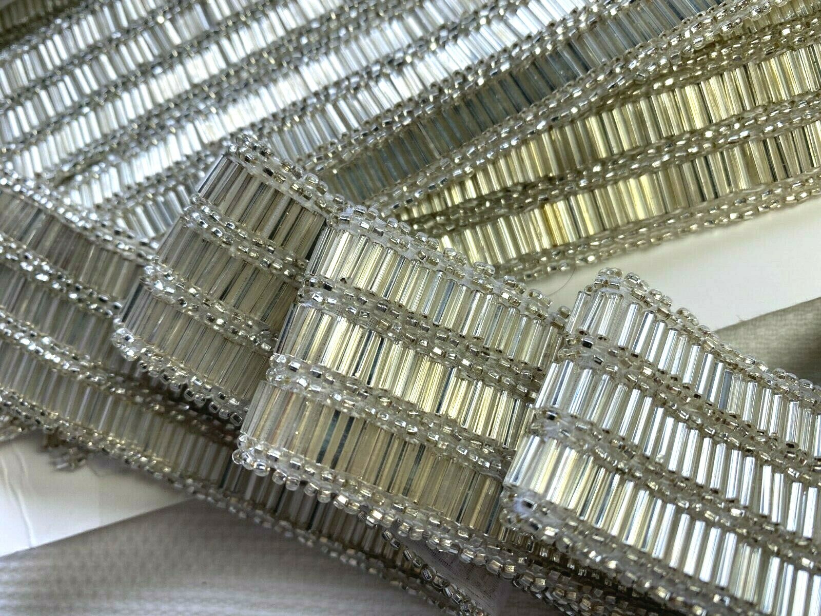 beaded silver hand sewn 1 5/8″ trim glass bridal sash belt 1yd