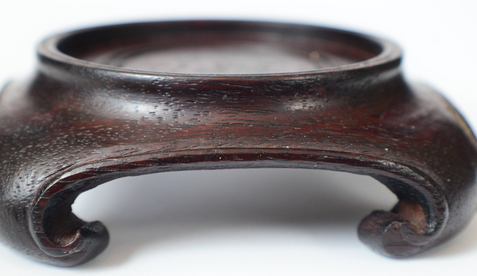 Vintage Chinese Round Brown Wood Stand w/Square Scroll base 2 1/2″ diam top S30