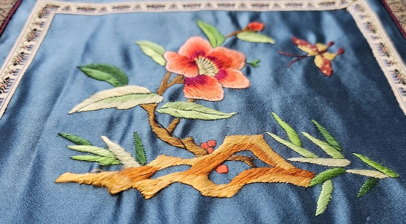 Vintage Chinese Silk Hand Embroidered Tapestry – Orange Flowers, Blue Background