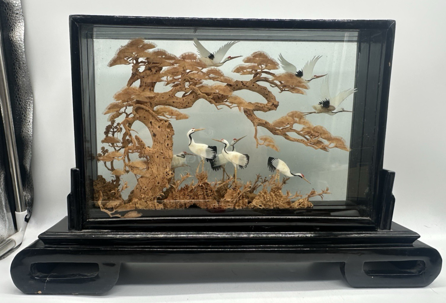 Large 16″ Vintage San You Chinese Cork Carving Diorama Cranes Pine Tree 1980s⁠