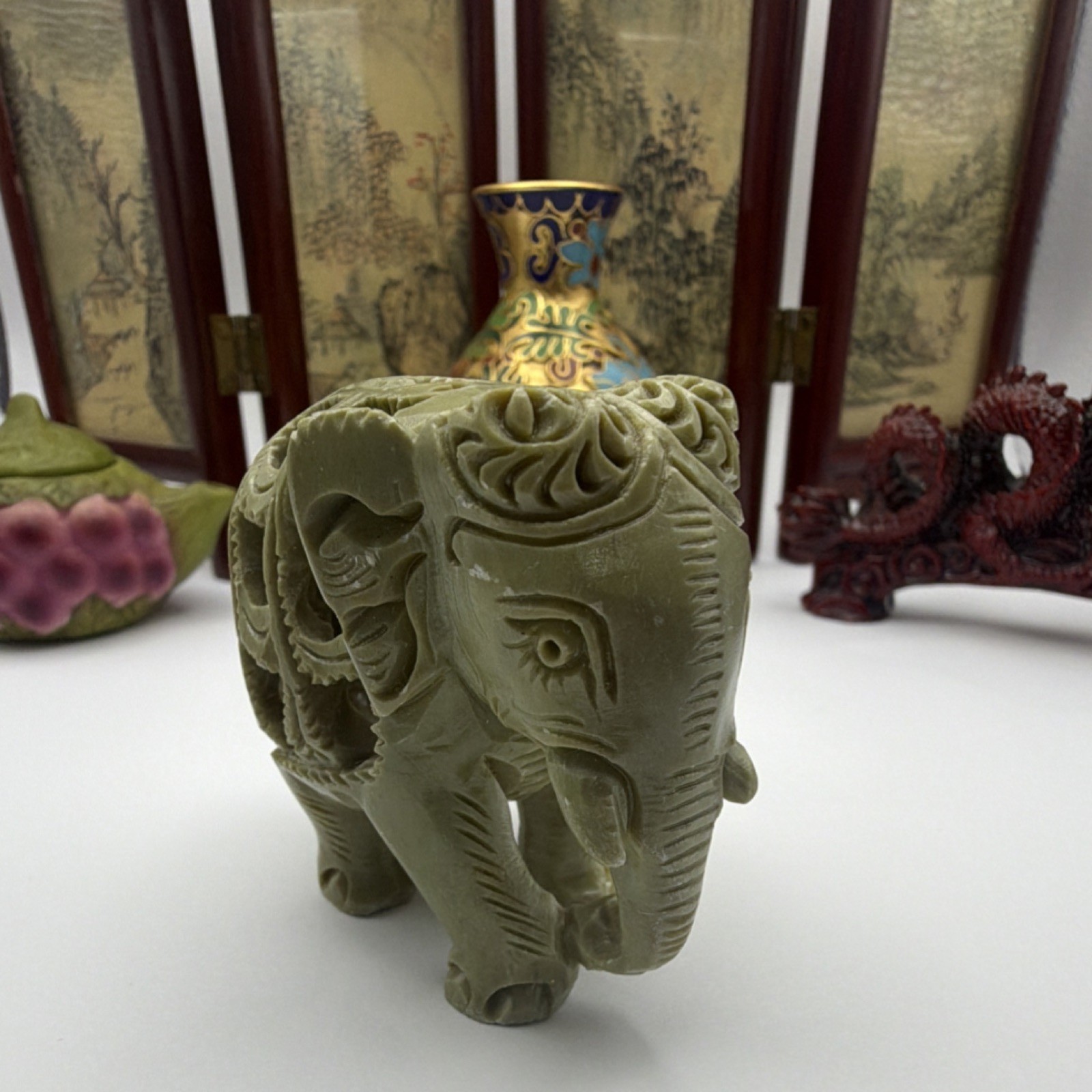 Antique Chinese Handmade Collectible Set: Vase, Teapot, Dragon, Elephant, Screen