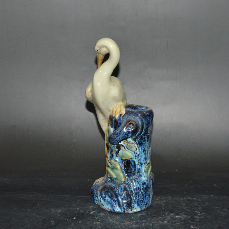 9.4″ CollectChinaBlue Glaze Porcelain Hand Engraving Red-crowned Crane Brush Pot