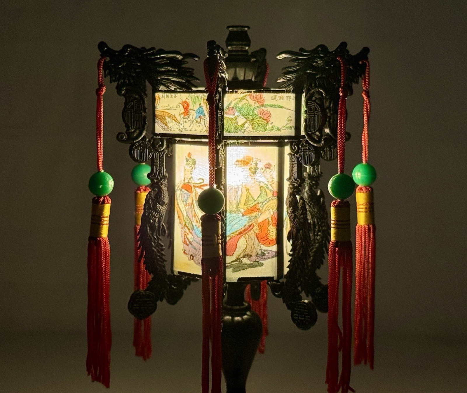 Vintage Chinese Dragon Lantern Table Lamp Light Asian Decor Red Tassels w Box
