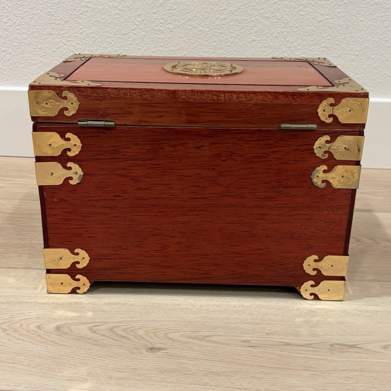 Large Chinese Rosewood & Brass 3 Drawer Flip Top Jewelry Box Longevity Symbol