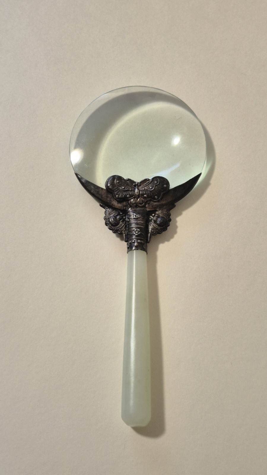 Antique 1900s Jade Stone Handle & Silver Filigree Magnifying Glass Jadeite