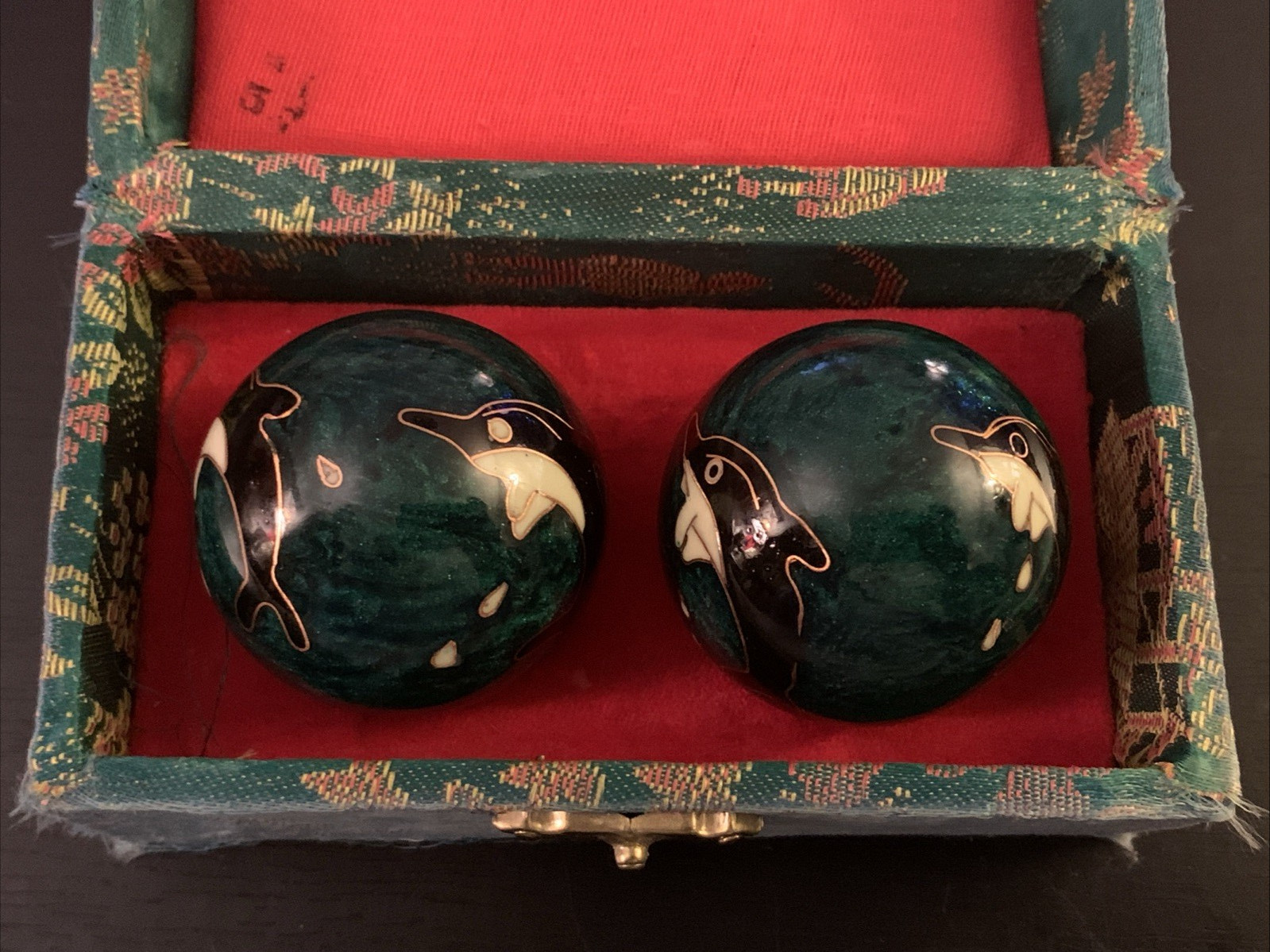 Vintage Chinese Cloisonné Baoding Balls with Chimes Green With Dolphins In Box
