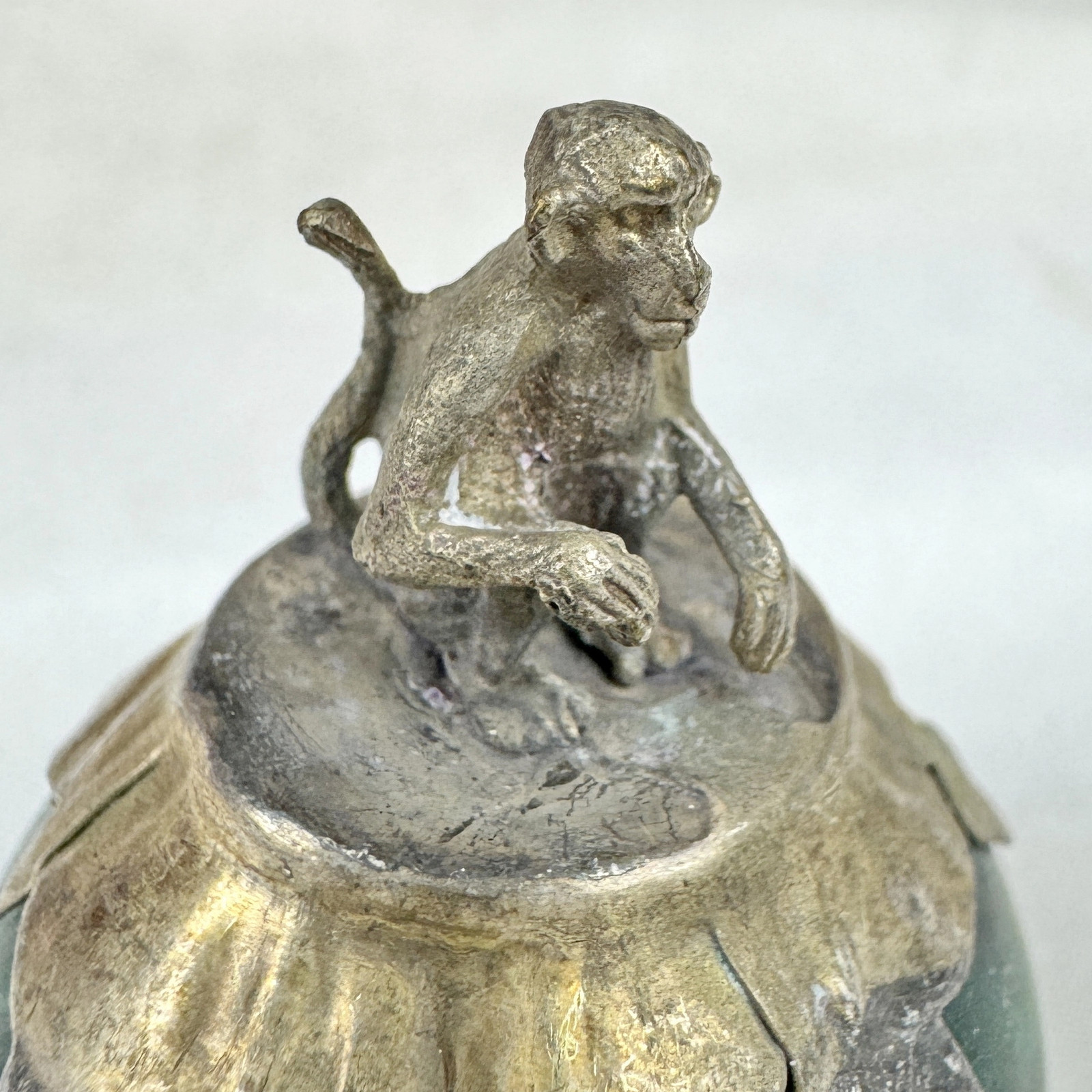 Vintage Chinese Zodiac MONKEY Green Marble Orb, Pewter/Tin Finial, Dragon Motif