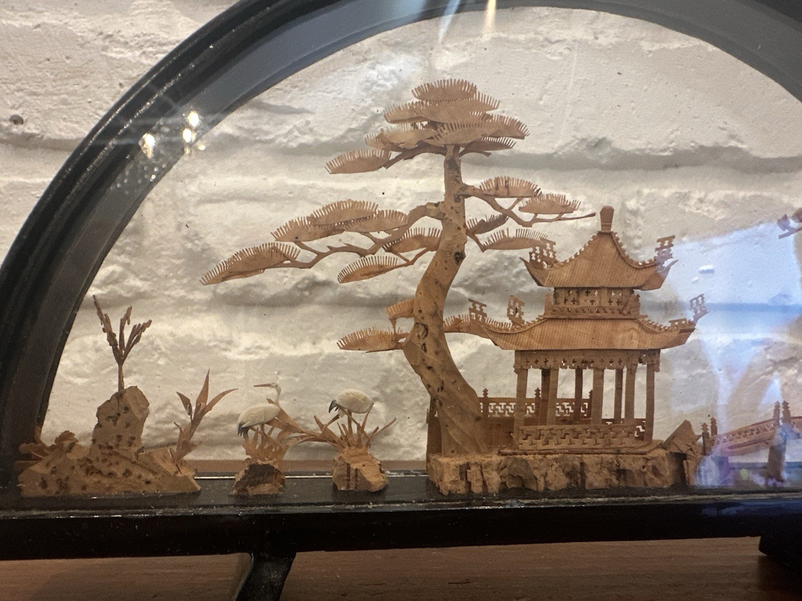 VINTAGE CHINESE SAN YOU DIORAMA CORK CARVING GLASS CASE PAGODA TREES & CRANES.