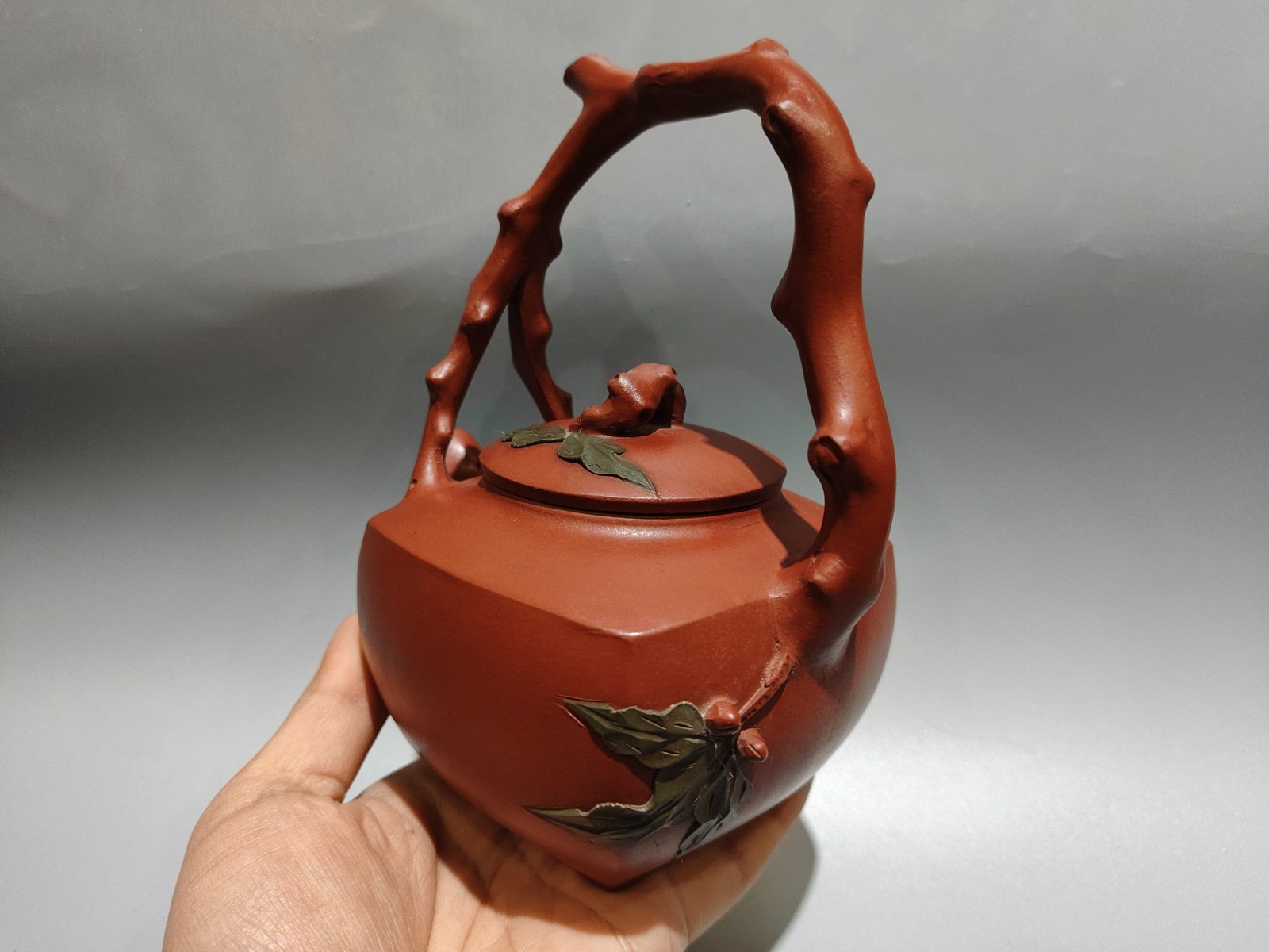 5.9″China Yixing Zisha Pottery red Clay 380CC square longevity peach beam Teapot