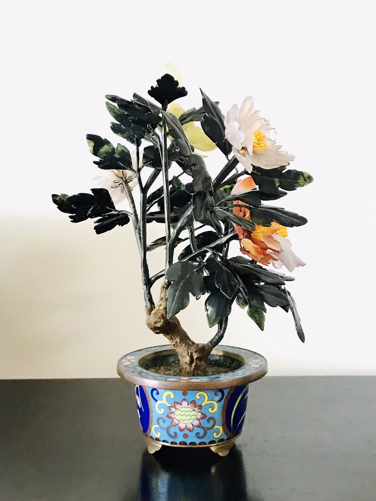 Chinese Jade Bonsai Tree in Cloisonne Pot, 8.5” Inches Tall