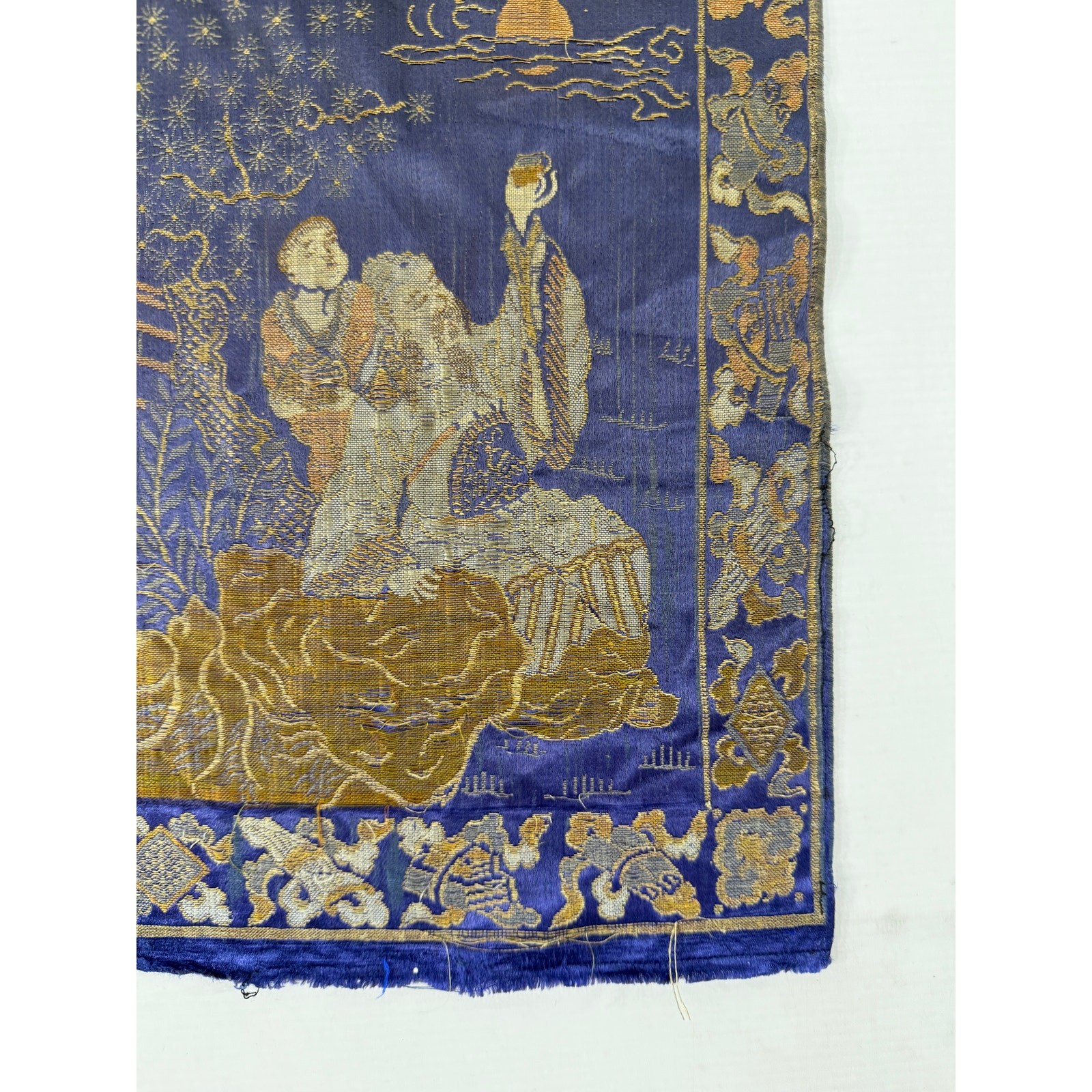 Antique Chinese Silk Brocade Cranes & Scholars Tapestry 18x10in
