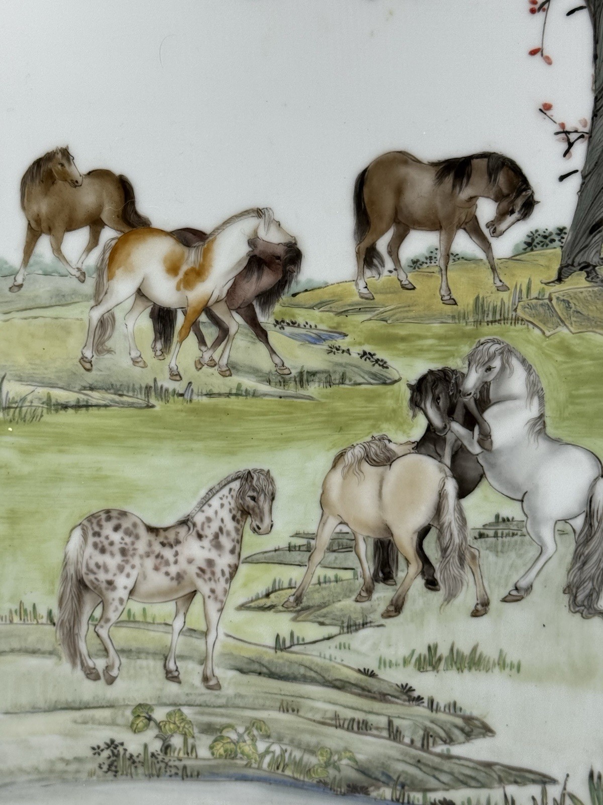 Chinese Hand Painted Porcelain Plaque Eight Horses Framed Wall Art Vintage
