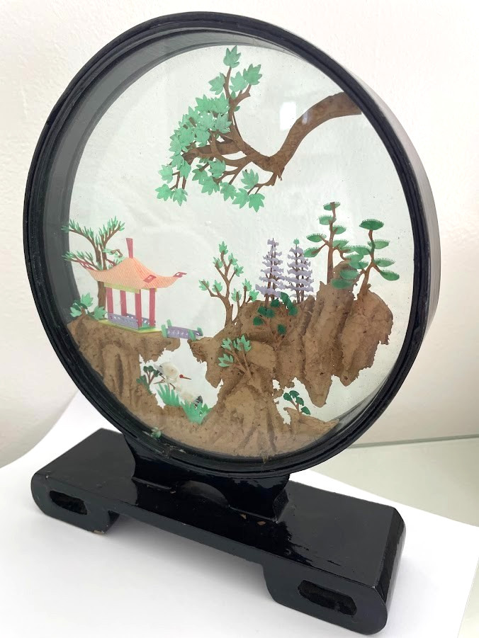 Vintage Carved Cork Chinese Art Diorama round glass framed birds tree pagoda 10″