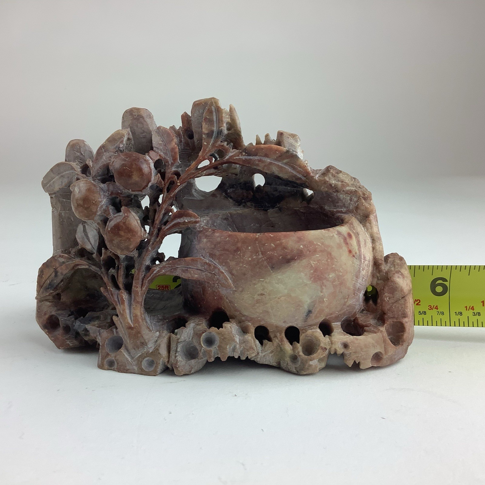 Vintage 1950s-1980s Chinese Carved Soapstone Brush Pot Peach Tree Sculpture