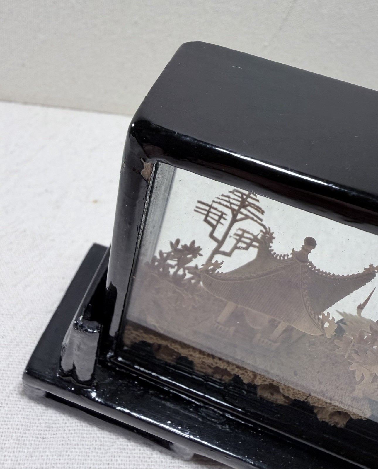 Vintage Chinese Cork Sculpture Diorama Pavilion Scene Black Lacquer Frame w/ Box