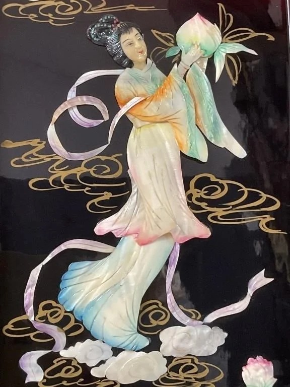 Vintage Chinese Lacquer Wall Panel – Mother‑of‑Pearl Inlay – 12×36 in