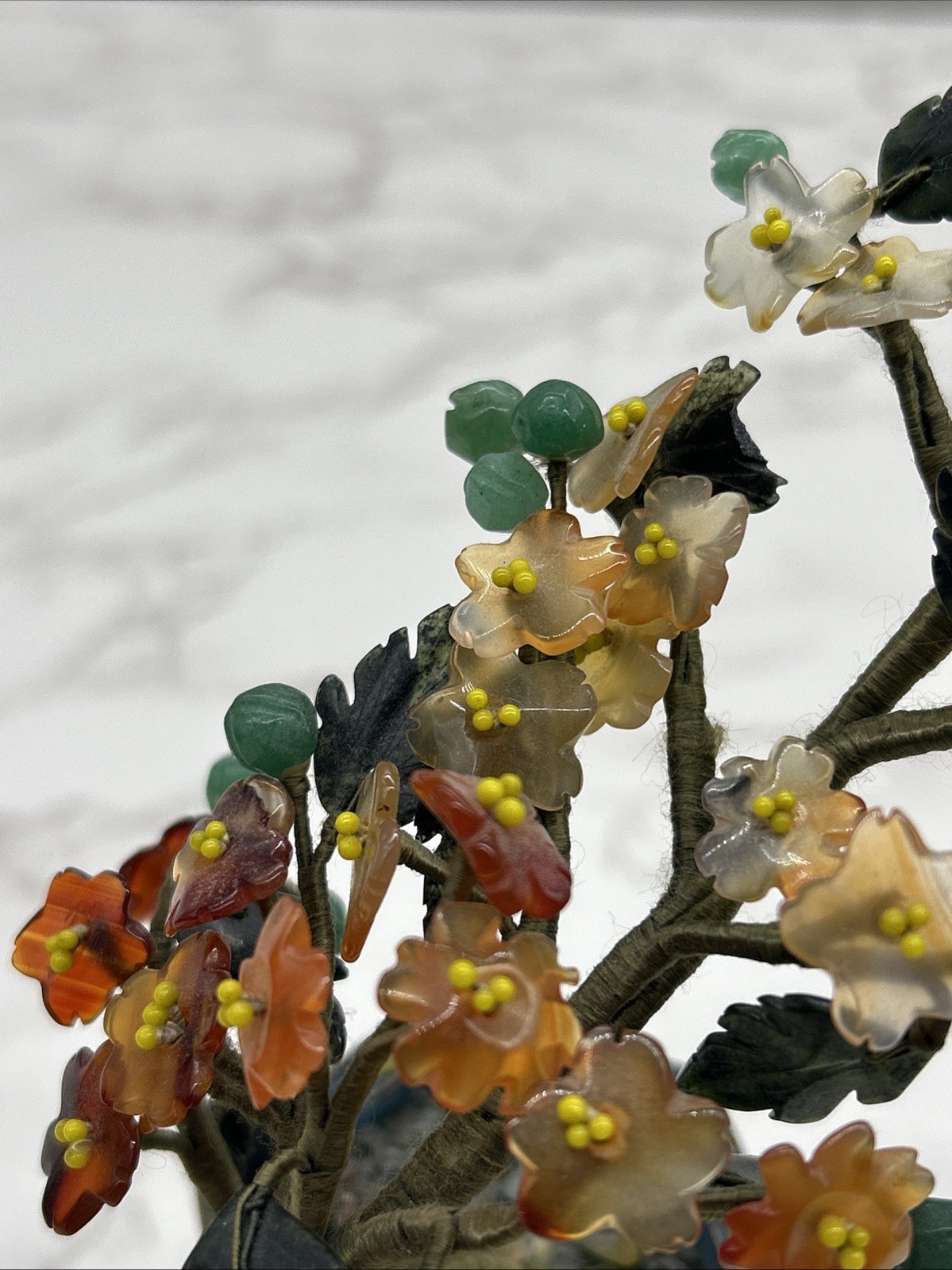 Chinese Carved Jade Agate Carnelian Quartz Flowers Bonsai Tree Cloisonne Enamel