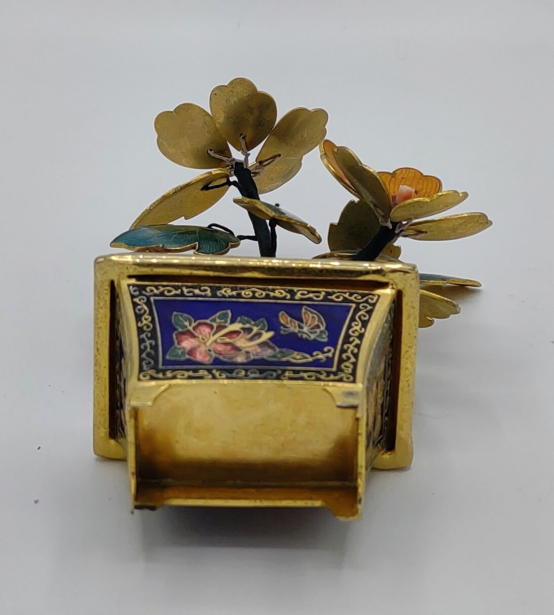 Vtg Oriental Guilloche Enamel Bonsai Tree Pink Coral Flowers Cloisonne Pot