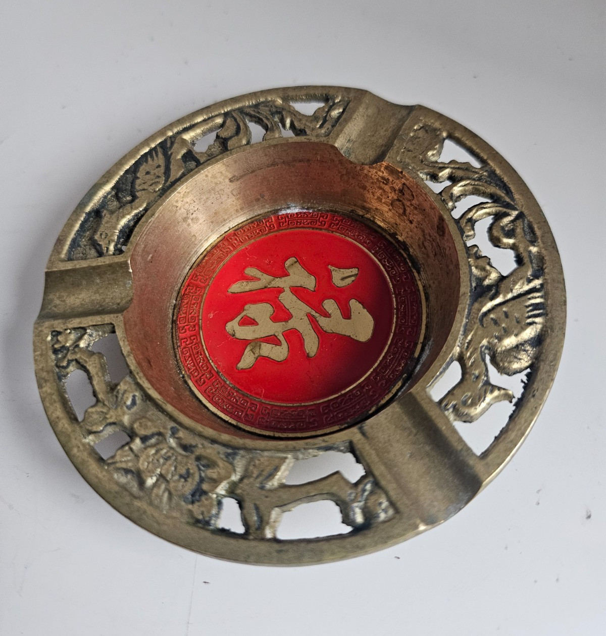 Vintage Chinese Brass Red Enamel Shou Long Life Ashtray Phoenix Birds 3.25″