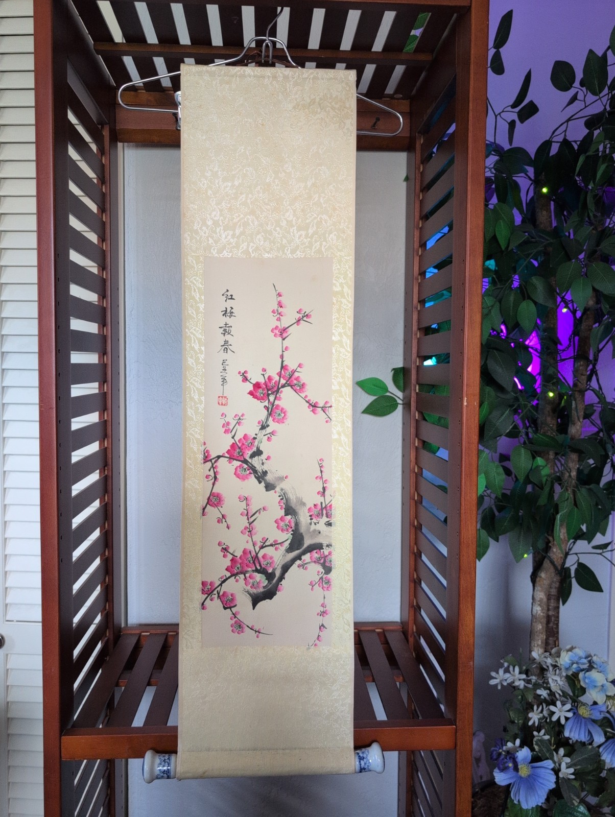 Vtg Original Chinese Plum Blossom Scroll Blue/ Wht Porcelain Knobs 96 cm x 24 cm