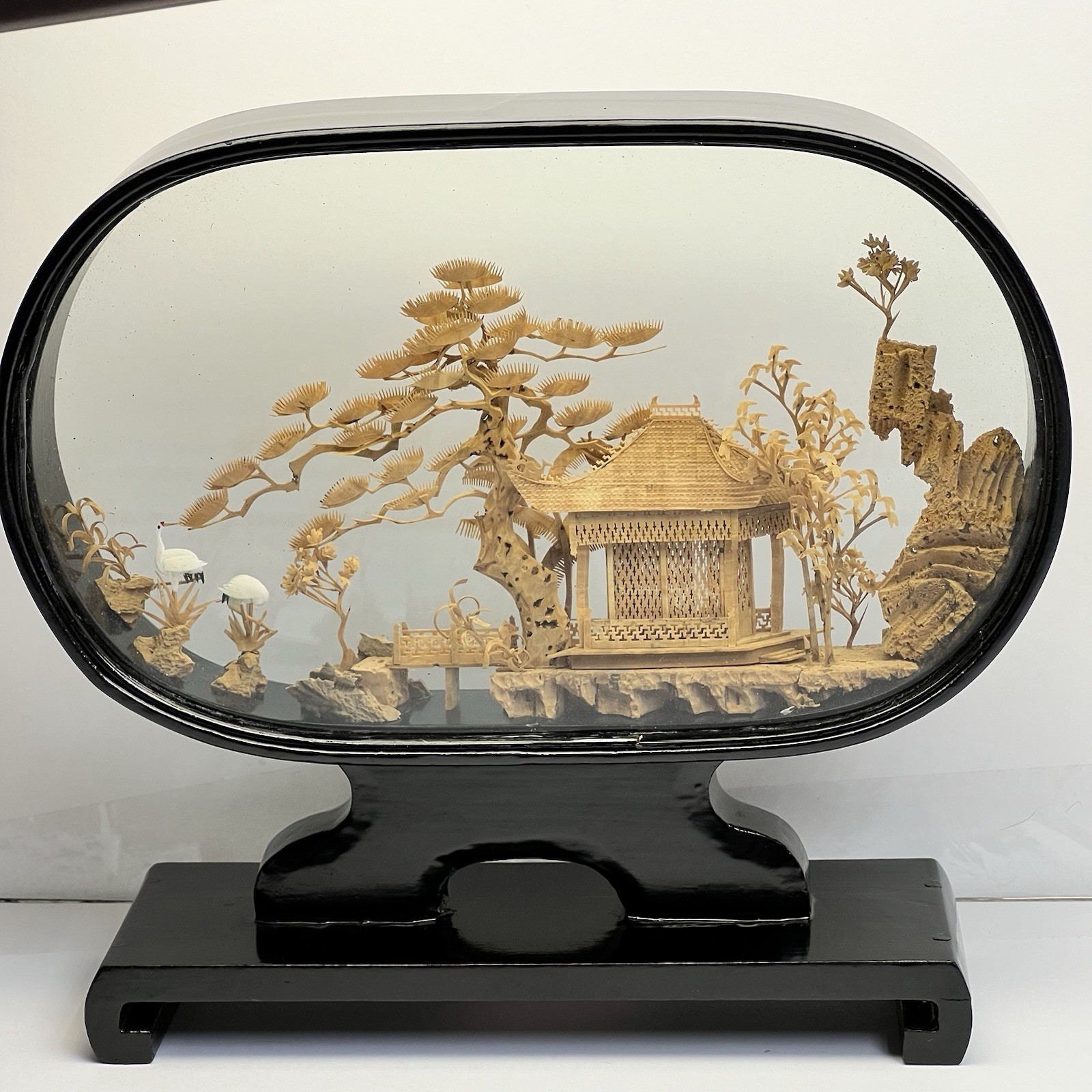 Vtg San Diorama Cork HandCarved W/ Pagoda Trees & Cranes In Glass Case 6X7”