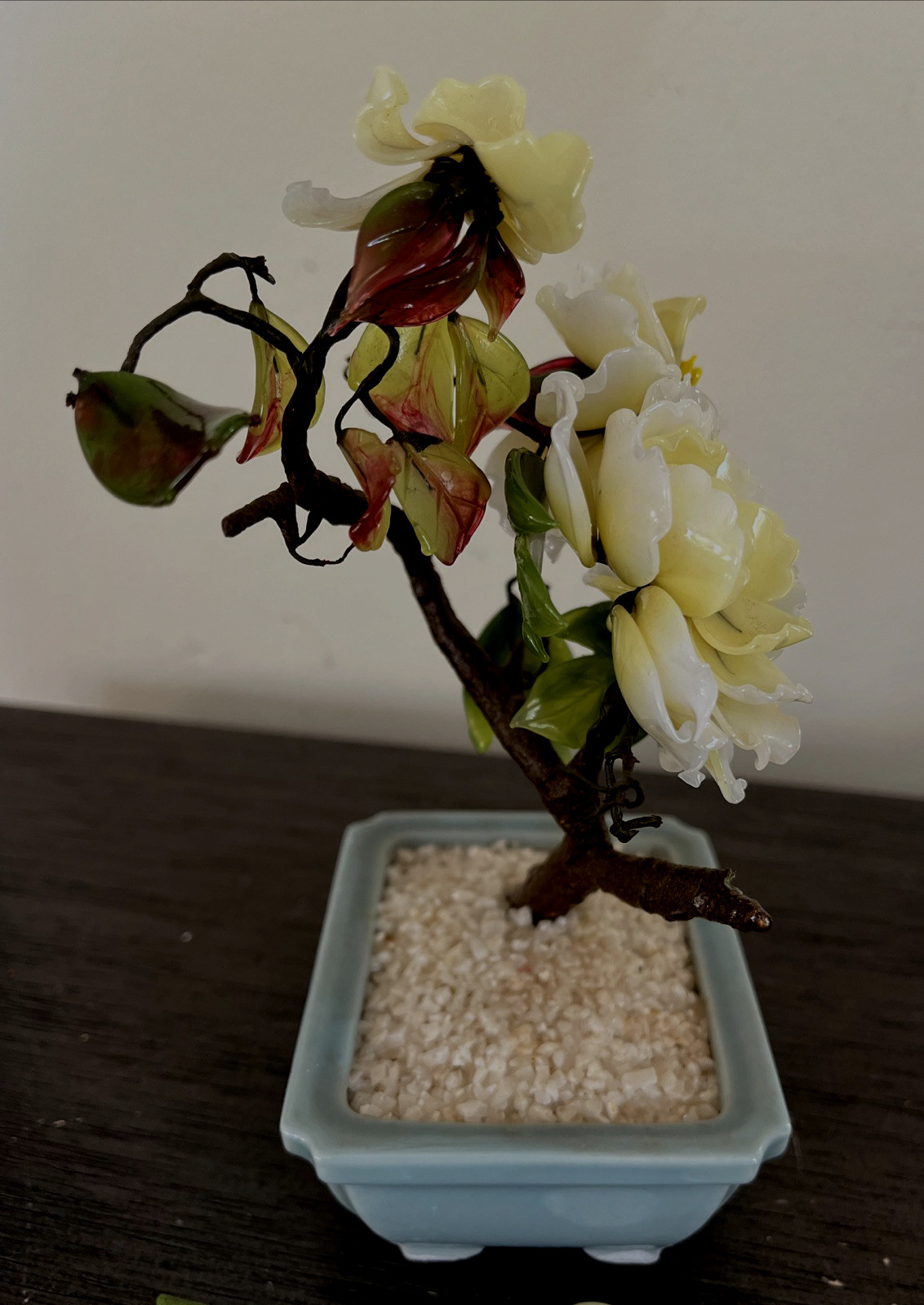 Vintage CHINESE JADE GLASS BONSAI TREE 7″ Damaged CELADON POT Made In Japan