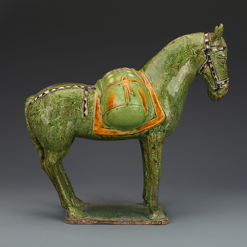 11.4″Chinese Song Green Glaze Porcelain Twisted Colored Body Battle Steed Statue