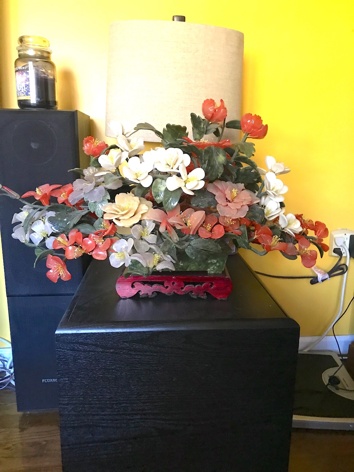 Vintage Chinese Bansai Pink / White Flowers-Jade Leaves /Jade Base -20 pounds
