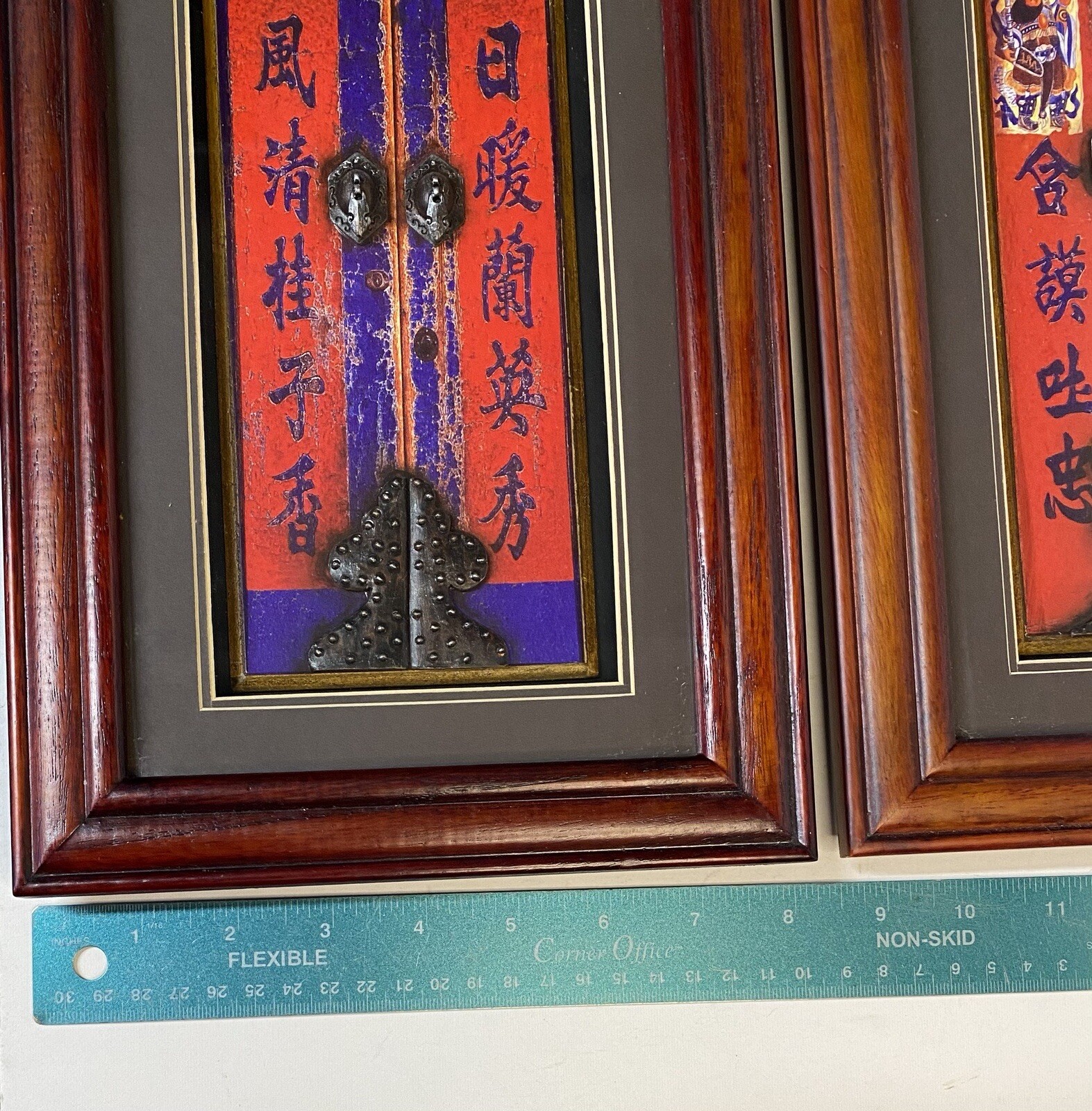 Set Of 2 Vintage Chinese Door Art Diorama 3 D Wood Framed Reds, Purples 8 X 12