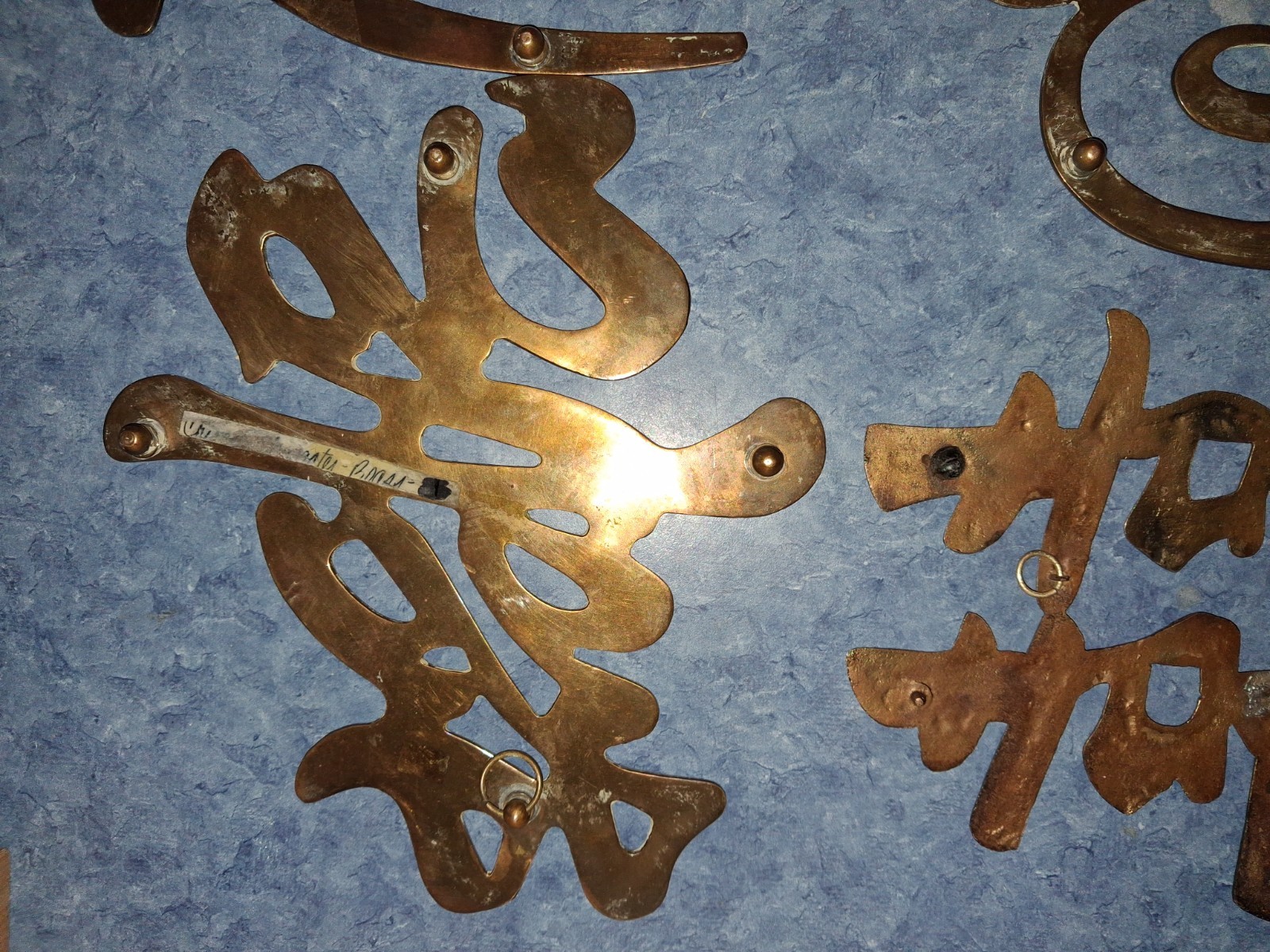 Vtg 8″ Chinese Solid Brass Symbols (6) Wall Hanging/Trivet-Long Life-Good Luck-