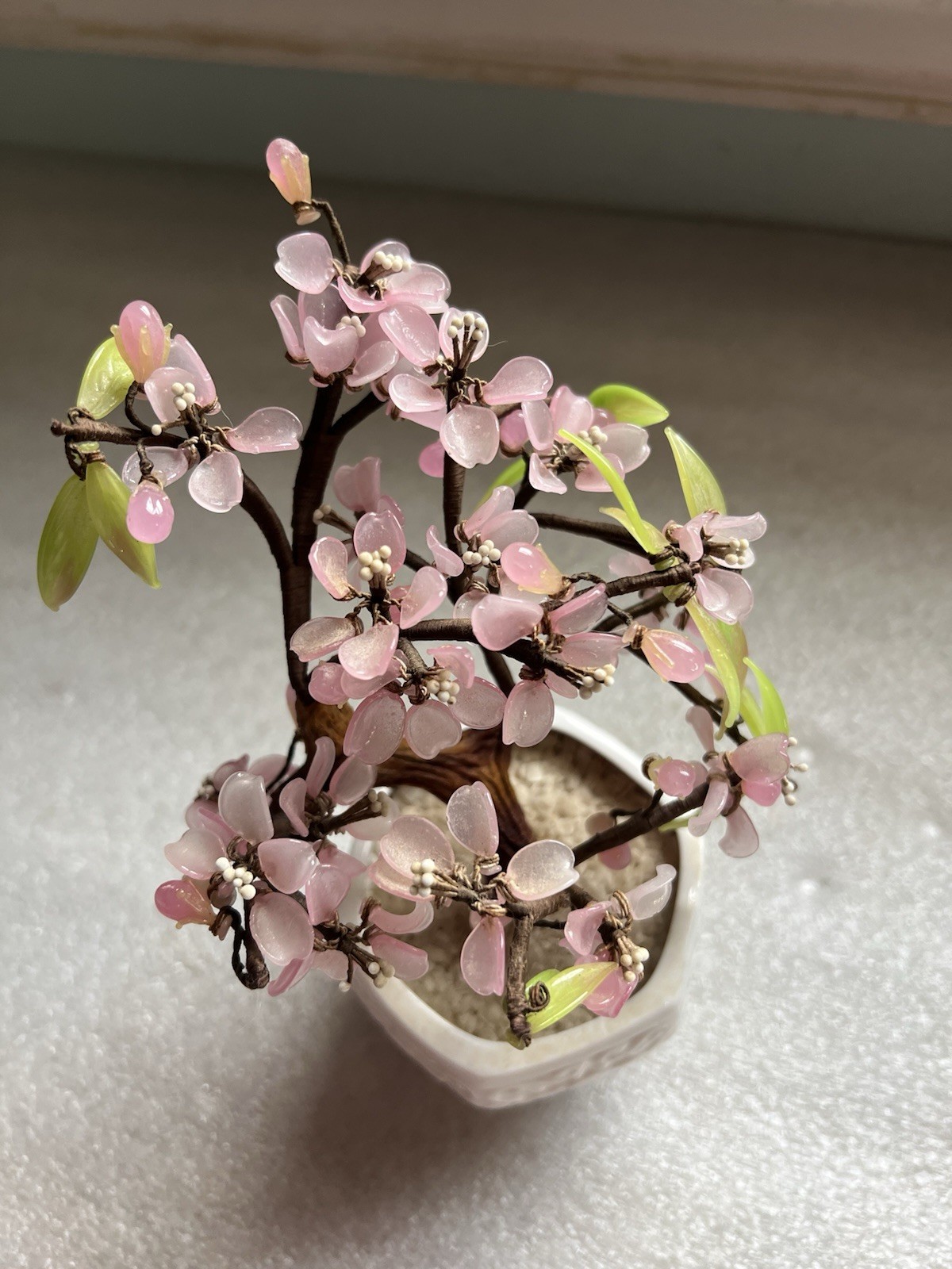 Vintage Jade Glass Bonsai Tree Pink Flowers in Celadon Pot 7.5 x 5”