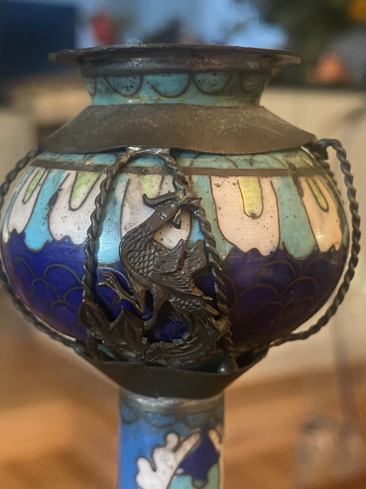 Vintage Chinese Cloisonné Oil LAMP Base Asia Enamel Art