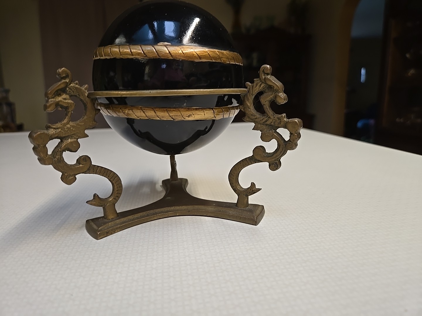 Vintage Brass 3 Dragon Sphere Stand With Hand Painted Black Wooden Ball RARE