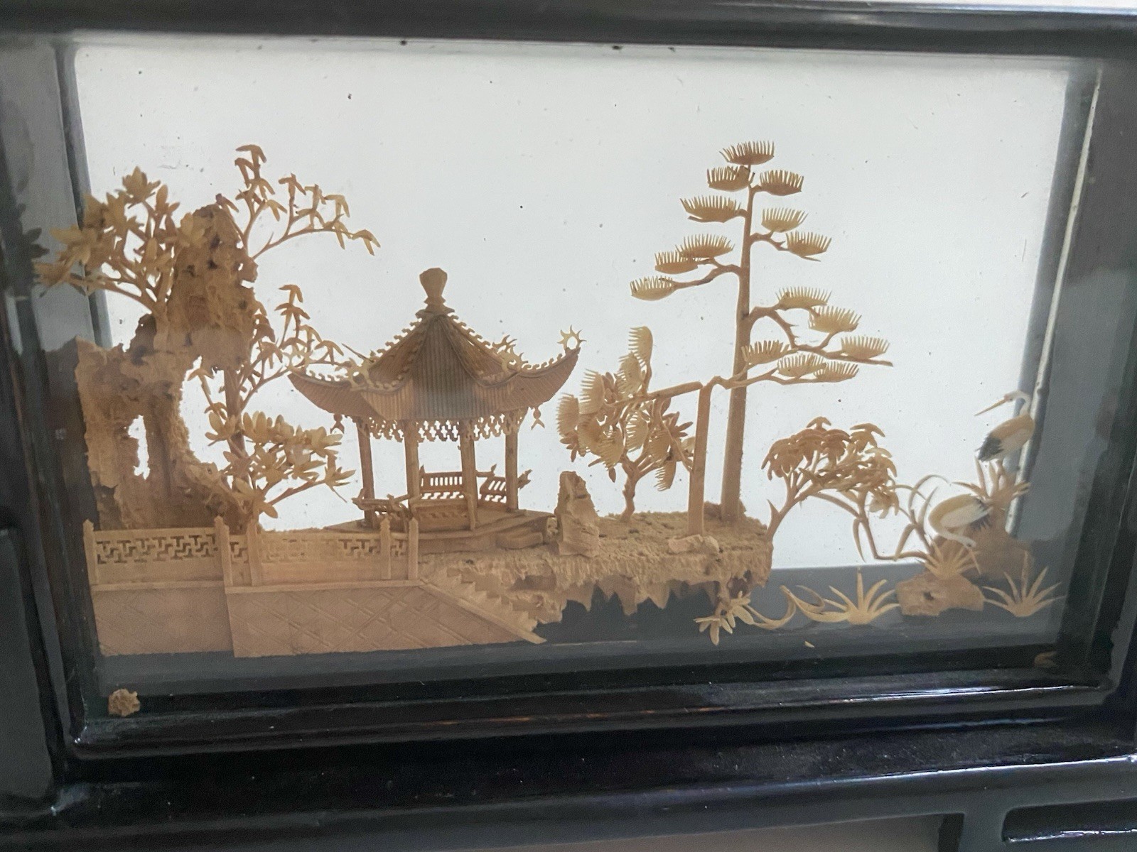 Vintage Chinese cork carving diorama Shadow box. 6.25 In Long, 3.75 High,…